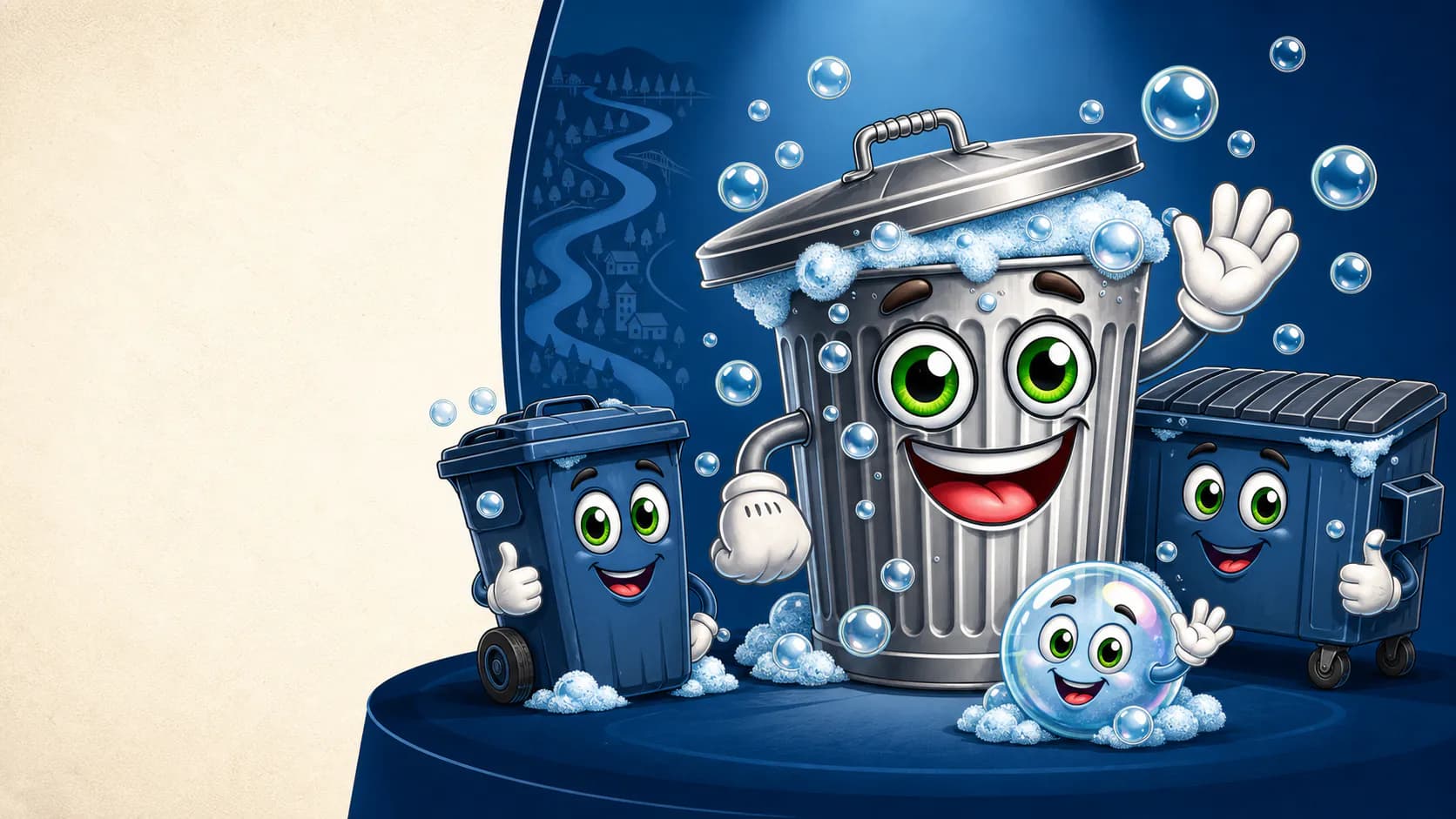 A friendly Scrubblies bin-cleaning illustration